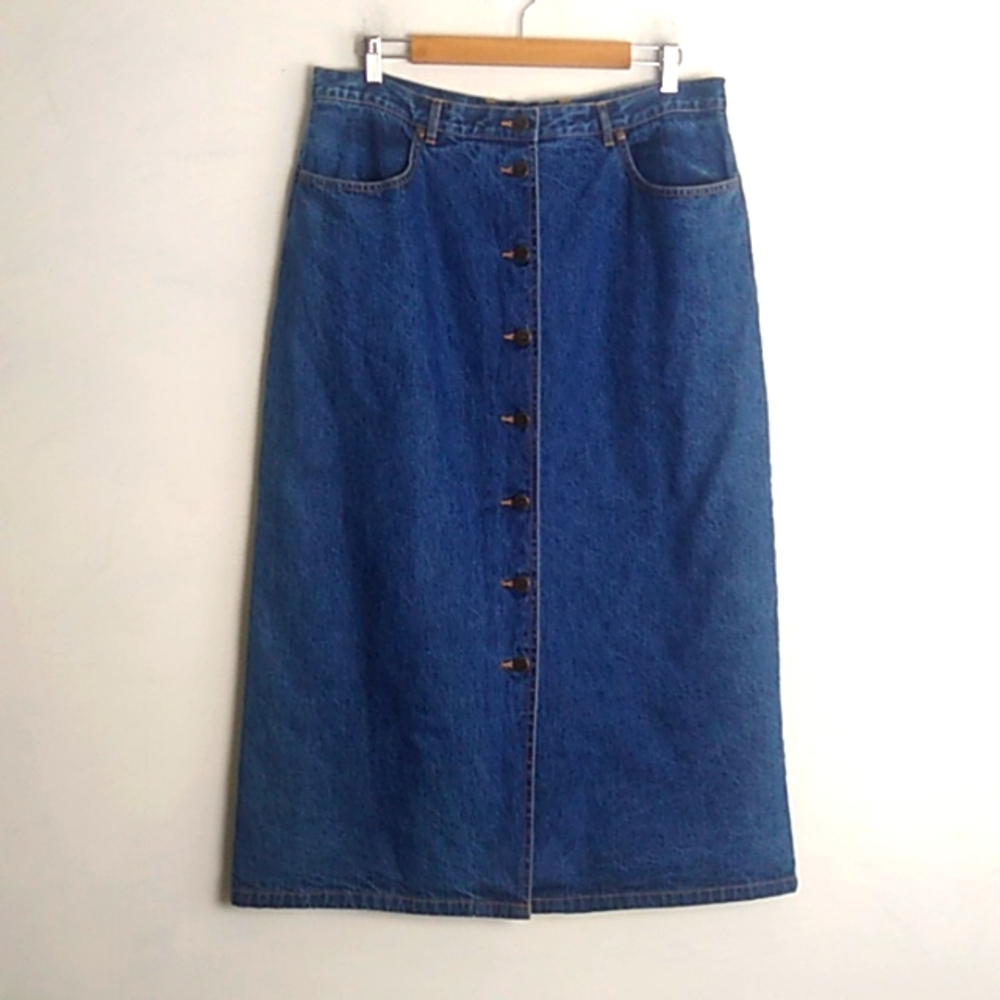 Eddie Bauer Denim Maxi Skirt Tartan Plaid Lining size 14P vintage Y2K